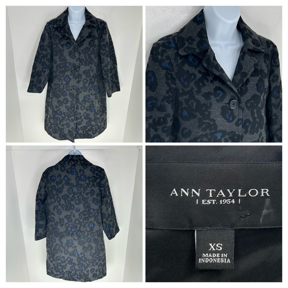Ann Taylor Leopard Print Coat Size XS Animal Print Gray Blue Long Jacket Boho